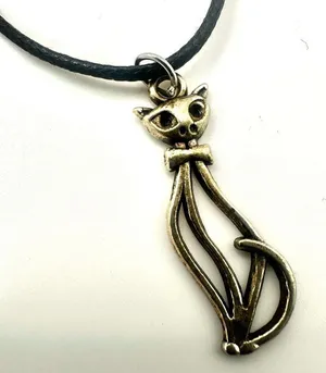 Silver tone cat pendant necklace on black cord thumbnail 1