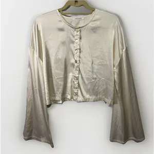 12th Tribe Women’s Top Blouse Satin Bell Sleeve Button Front Ivory Cream Large thumbnail 2