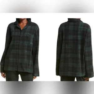 Skims Women's Green Long Sleeve Button Up Plaid Sleep Flannel Shirt Top Size M thumbnail 3