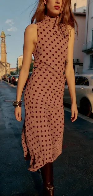 Zara NWT polka dot contrasting midi dress dusty pink & maroon dots thumbnail 1