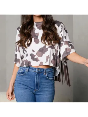 NWT Peach Love California Brown and White Crop Fringe Cow Print Tee thumbnail 3