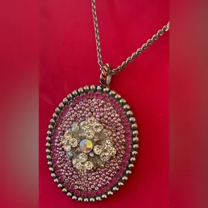 Vintage Pink Crystal Floral Statement Pendant Necklace Silver Tone 16” thumbnail 3