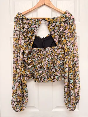 Free People Mabel Printed Blouse Black‎ Multi Floral Ruched Puff Sleeve Medium thumbnail 5