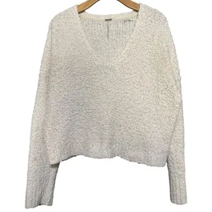 Free People Women’s Size S White Cotton Textured Boucle Knubby Sweater thumbnail 1