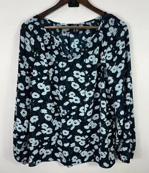 Jones New York Women Blouse M Blue Floral Smocked Neck Romantic‎ Cottage Retro thumbnail 1