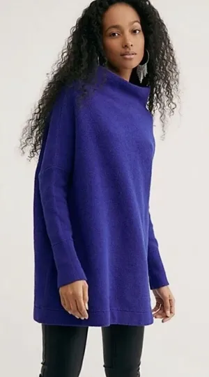 Free People Ottoman Slouchy Ribbed Mock Neck Sweater Tunic Blue Women’s Medium thumbnail 1