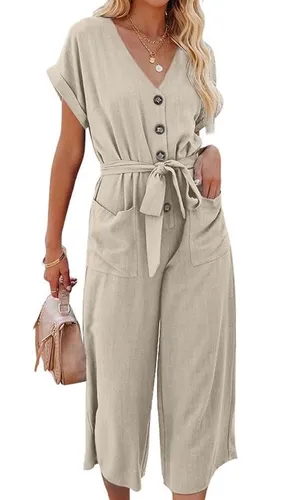 H&M Beige Linen Blend V Neck Button Front Jumpsuit Romper Size XL thumbnail 1