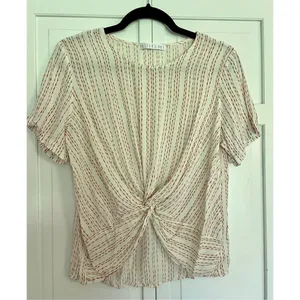 Anthropologie Potters Pot white linen textured cropped knot front blouse thumbnail 2