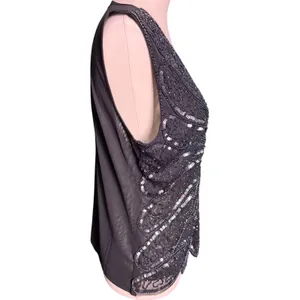 SM Collection Black Beaded Sequin Butterfly Mesh‎ Top V-Neck Sleeveless Large thumbnail 3