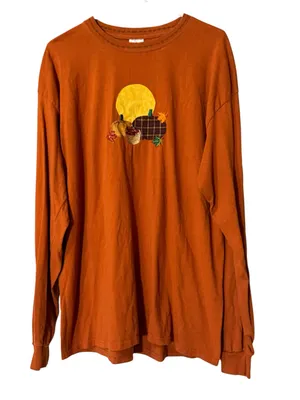 Halloween Fall Embroidered Pumpkin Long Sleeve Shirt Harvest Autumn Cotton Sz XL thumbnail 1