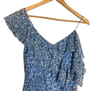 Alice + Olivia Olympia Blue Floral Print Silk Ruffled Asymmetric Midi Dress 2 thumbnail 4