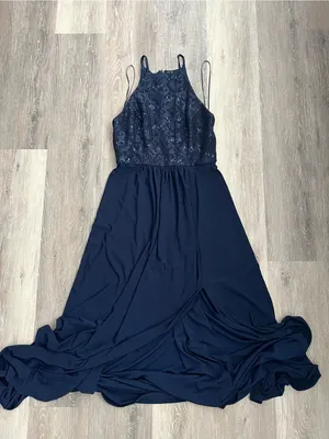 Morgan & Co Navy Lace Sequin Halter Maxi Gown Prom Evening Formal Dress Junior 7 thumbnail 2