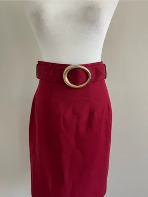 Ann Taylor Burgundy Wool Pencil Skirt with Round Buckle Belt thumbnail 2