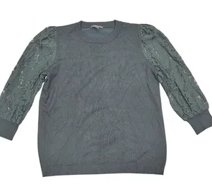 Adrianna Papell Lace Sleeve Knit Top Green Medium Elegant Crewneck thumbnail 1