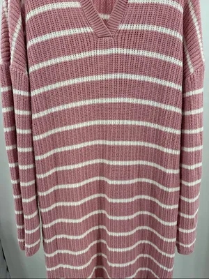 Merokeety Striped Pink sweater Maxi Dress v-neck Collared L side slits casual thumbnail 9