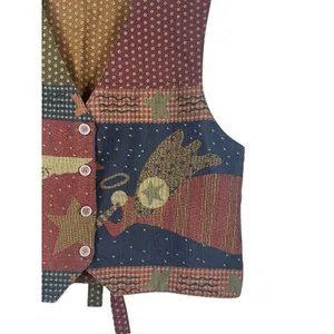 VTG Orvis 90s Tapestry Vest Womens L Made USA Patchwork Folk Angel Stars thumbnail 3