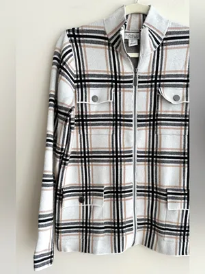 Rachel Zoe Women’s Plaid Sweater Jacket, Black/White/Tan, Fall Outerwear, Large thumbnail 2