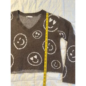 SO Brown V-Neck Sweater Knit Cozy Smiley Face Print Y2K 90s Grunge Kidcore Retro thumbnail 7