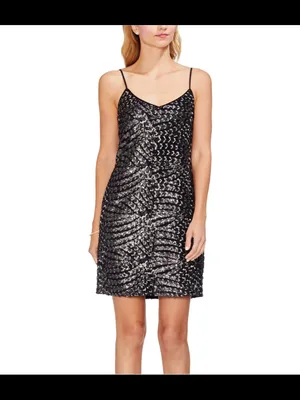 Vince Camuto Black Sequin Mini Slip Dress with Silver Accents thumbnail 2
