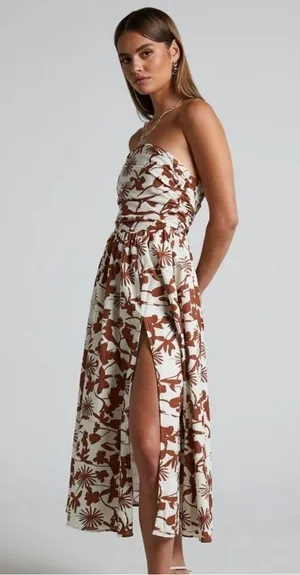 Showpo Evita Floral Midi Dress Ruched High Split Strapless NEW S thumbnail 3
