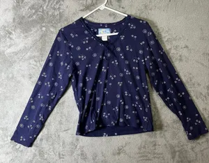 Vintage Navy Floral Peasant Blouse Tie Neck Long Sleeve Large‎ Blue Dainty Y2K thumbnail 1