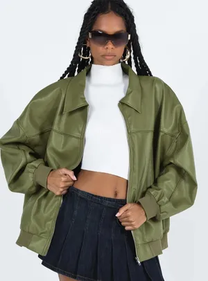 Princess Polly olive green leather bomber jacket US 6 thumbnail 1