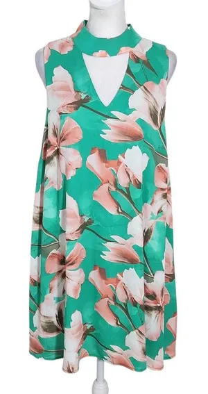 Peach Love California Green Floral Mini Dress Size Large Wedding Guest Dress thumbnail 1