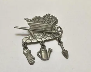 Signed LCD Gardening Wheelbarrow Garden Cart Pewter Silver Tone Brooch Pin thumbnail 6