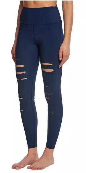 ALO YOGA Women's High Waisted Navy Blue Ripped Warrior Legging‎ Size Medium M thumbnail 1