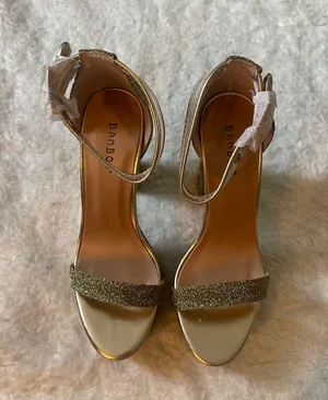 Bamboo Gold metallic glittery felt platform pump high heels with clear buckle straps thumbnail 2