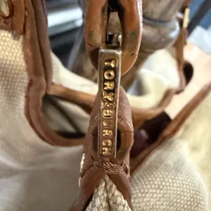 Tory Burch Shoulder Bag Canvas Leather Gold Logo Handbag Ladies Natural/Brown thumbnail 9