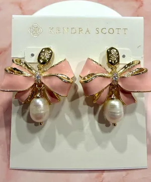 Kendra Scott | Gold Plated & Pink Enamel Bow Earrings with Pearl Drop | Medium thumbnail 1