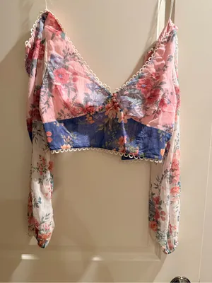 Altar'd State Pink and Blue Floral Lace-Trim Cropped Top thumbnail 1