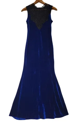 NWT Sapphire Blue Velvet & Black Lace Maxi Dress Whimsigoth‎ Gothic Witchy - M thumbnail 1
