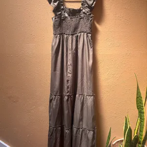 Boho Embroidered Ruffle Strap Tiered Maxi Dress Olive Brown Smocked Back Women thumbnail 3
