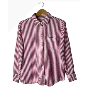Banana Republic Button Down Shirt Women Large Pink Linen Blend Striped Preppy thumbnail 2