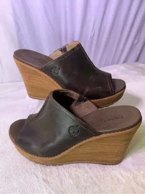 Timberland Women’s Black Leather Wedge Slide Sandals thumbnail 2
