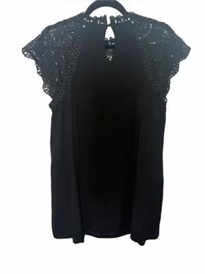 Entro Black Lace Crochet Yoke Mini Dress Whimsigoth Boho Romantic L thumbnail 3