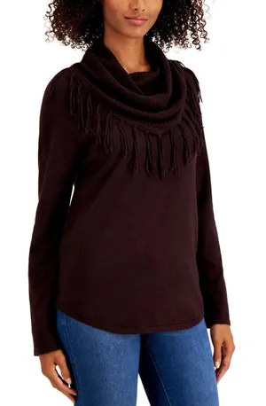 Style‎ & Co Women's Fringe Cowl-Neck Sweater Small, Dark Chocolate NWT (A88) thumbnail 1