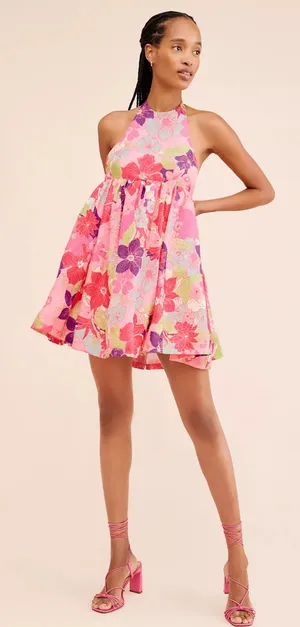 Free People Pink Multi color Passion flower Halter Mini babydoll Dress thumbnail 1