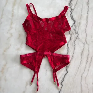 Forplay Red Lace Corset Bustier Top Garter Straps Lingerie Teddy Bodysuit Large thumbnail 3