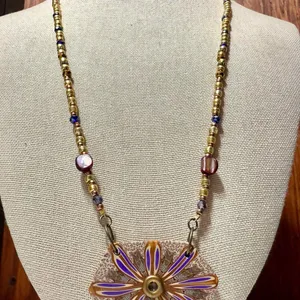 ✨ Handmade Beaded Necklace with Purple Gold and Bronze Polymer Clay Pendant ✨ thumbnail 3
