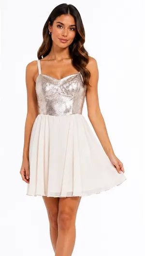 Express Champagne Metallic Sweetheart Fit Flare Cocktail Dress 2 Party Mini thumbnail 1