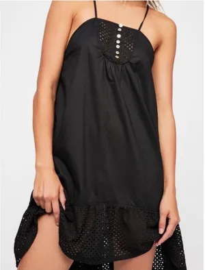 Free People Calico Trapeze Dress Medium Black Eyelet Cotton Mini Ruffle Summer thumbnail 1