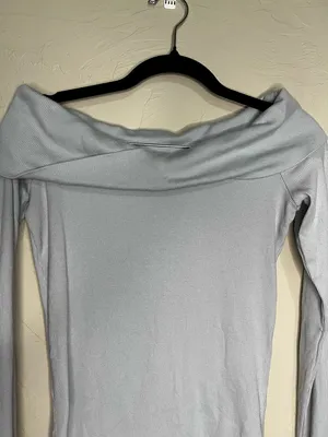 Pilcro Anthropologie Off The Shoulder Light Blue Micro Ribbed Long Sleeve‎ Top thumbnail 4