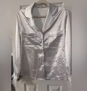 Sleek White Satin Button-Up Blouse and Shorts Pajama Set thumbnail 1