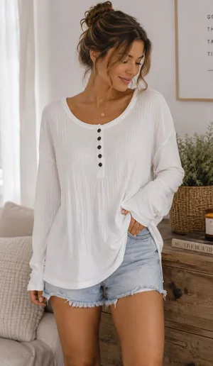 NEW American Eagle Soft & Sexy Ivory White Ribbed Knit Relaxed Fit Henley Top XS thumbnail 1