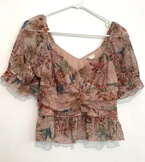 MERAKI Mauve Pink Floral Mesh Ruched Short Sleeve Puff Sleeve Crop Top Blouse L thumbnail 1