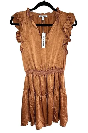 NWT Steve Madden Prairie Dreams Mini‎ Dress Apricot Satin Ruffle Smocked Small S thumbnail 1