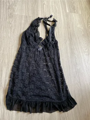 Black Lace Slip Dress with Ruffle Hem thumbnail 1